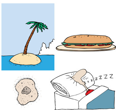 Deserted island, submarine sandwich, ameba, sleeping