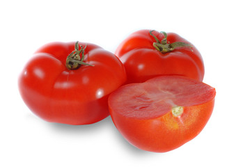 Fresh juicy tomatoes isolated on white background