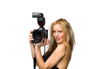 Portrait of a beautiful young blond female with camera
