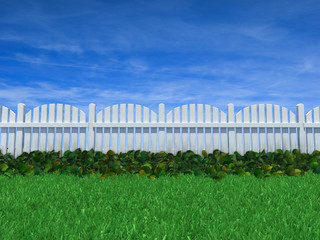 3D ilustration of fence on a grass field under a blue sky