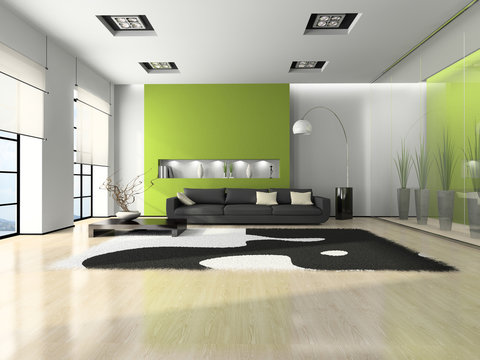 Modern interior with sofa and white carpet 3D
