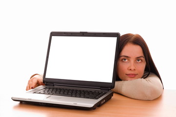 young girl with laptop isolated on white