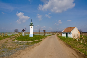 a column of crucifixion in beautiful czech wineyard landscape