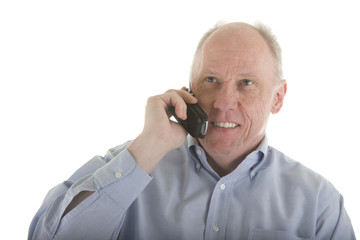 Older Man in Blue Shirt on Cell Phone