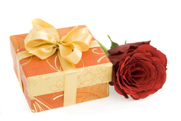 Gift box with ribbon and red rose isolated on white