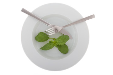 basil on plate with crossed fork and knife