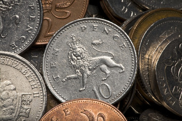 British sterling coins. Ten pence close-up. 