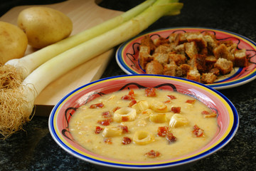 Potato and leek soup with bacon and croutons  