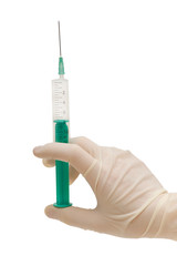 Hand holding syringe isolated on the white