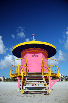 Closed Pink Lifeguard Tower In South Beach