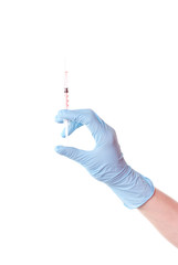 Hand in a glove keeps the syringe