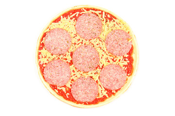Uncooked, frozen pizza