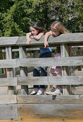 two young girls peeking over a fence