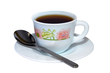 Cup from coffee, a saucer and a spoon on a white background