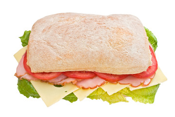 Ham, tomatoes and cheese ciabatta sandwich