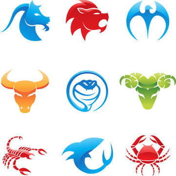 Glossy logos of 9 different animals in various colours