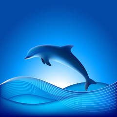 Naklejka premium Blue Dolphin - Blue Wave Background