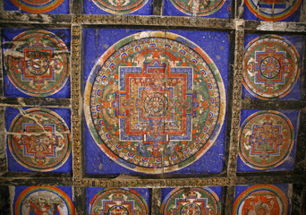 tibetan mandala painting on monestery ceiling,  Nepal