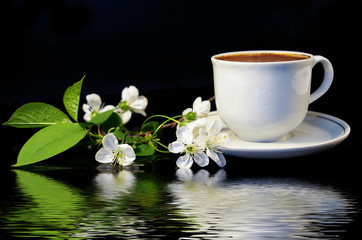 Obraz na płótnie Canvas Flowers of a cherry and white cup of black coffee