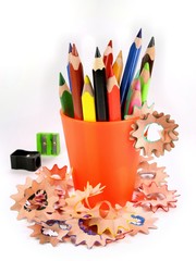 Sharpened pencil and wood shavings
