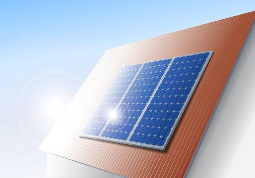 Solarzellen auf Dach mit Sonne und Lichtreflex