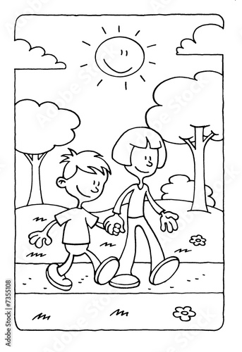 quotColoring page of a boy and girl walking in the park