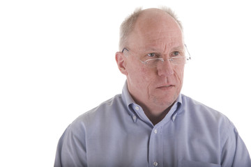Old Guy in Blue Shirt and Glasses Looking Left