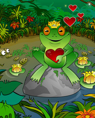 Frog on a background of a bog with heart
