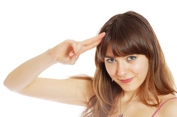 attractive girl saluting to camera