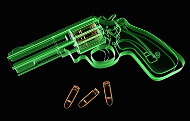 X-ray image of a revolver and ammunition on black background