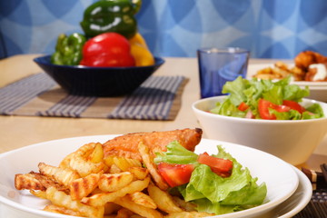 French fries and chicken