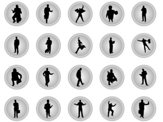 Silver buttons of businessmen in many positions