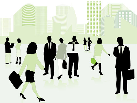 Business people and city in green