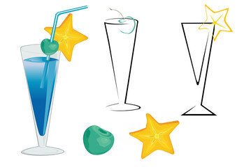 Drink glasses with cherry,star-fruit and straw.
