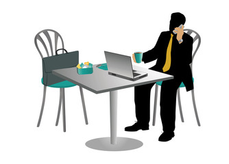 Businessman at a table drinking cappuccino . 