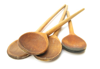 Ladles wooden spoons isolated on white background