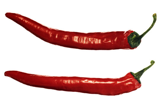 Two red hot peppers over white