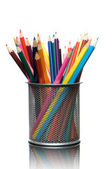 Multicolored pens on white background