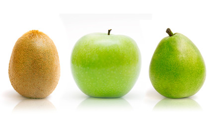 apple, kiwi and pear isolated on white