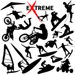 Vector eXtreme sport silhouettes - snowboarding, skateboarding, BMX, Jumping, jetski, biking, water ski, climber, surfing illustration