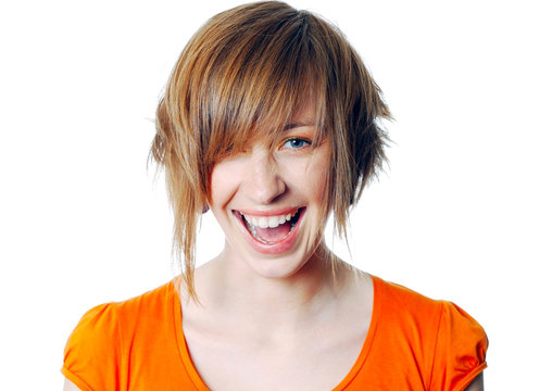 portrait of a beautiful blonde female laughing