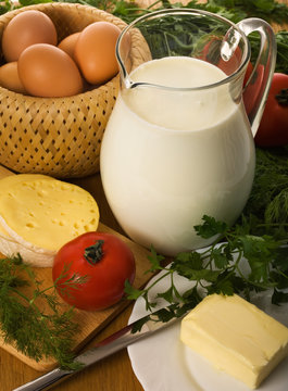 Rural still-life with milk and greens