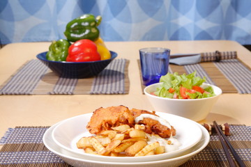 French fries and chicken