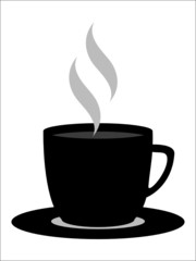 mug of coffee on saucer  with steam in black and white