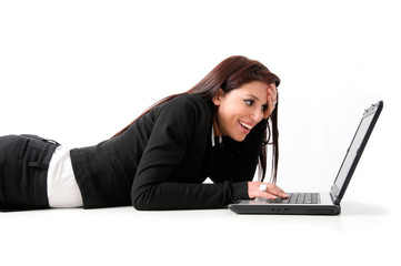 Elegant business woman drawn on the ground with laptop