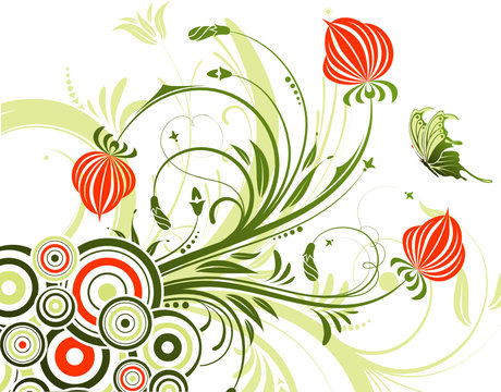 Flower background with butterfly and circle, design, vector