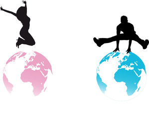 silhouettes homme et femme sautant sur des plan&egrave;tes 