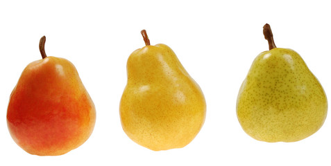 three colorful pears