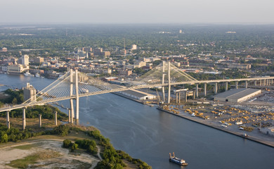 aerial view of city and bridge
