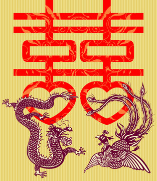 Double happiness Chinese traditional wedding card (vector)